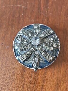 Monet Rhinestone Bow Blue Enameled Hinged Mirror Compact